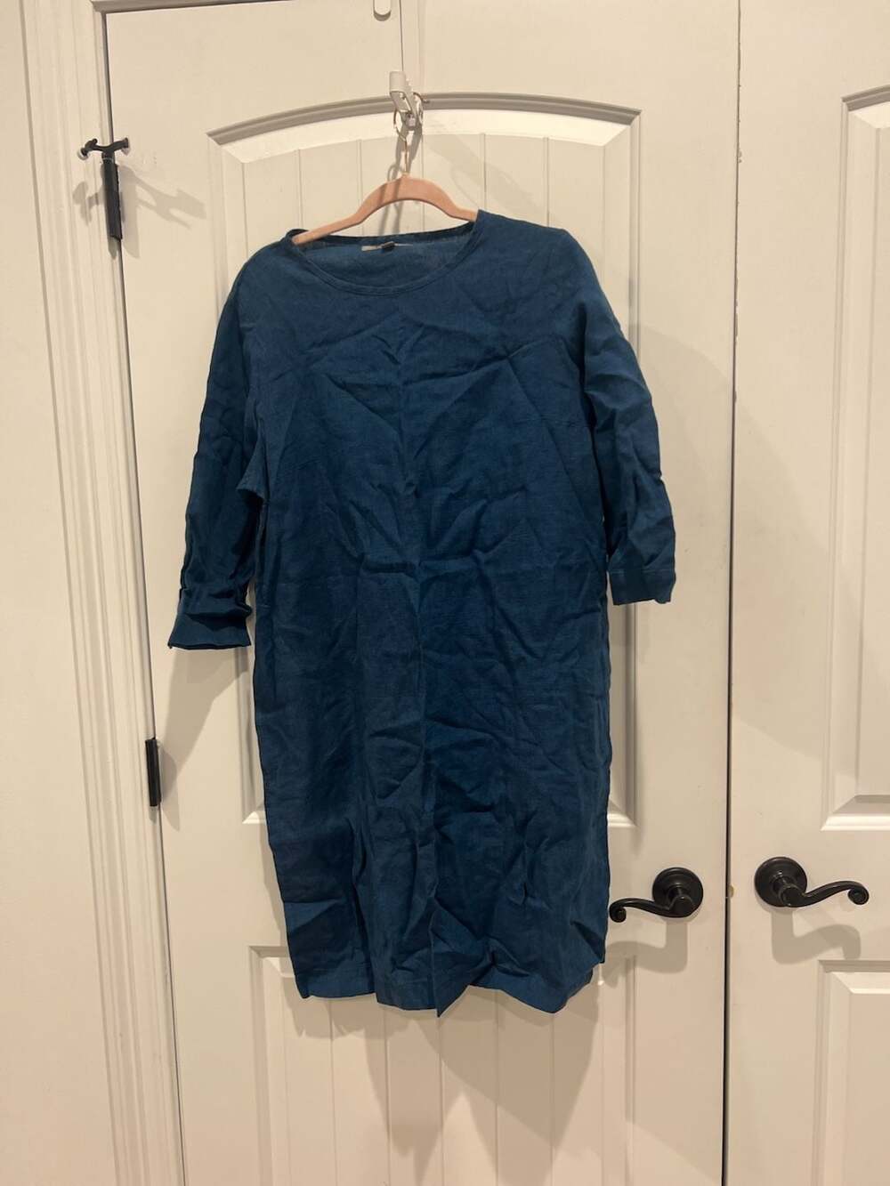 FLAX Blue 100% Linen 3/4 Sleeve Midi Dress with Pockets Size S